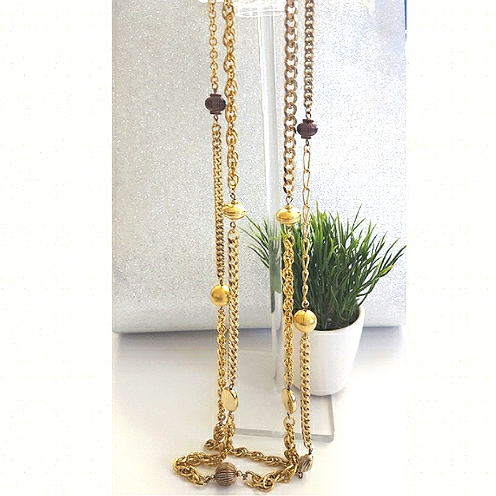 Vintage Long Golden Layered Linked Chain Beaded Necklace